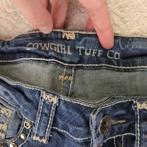 Cowgirl Tuff Bootcut Jeans 27 Tried True Bling Studs White Stitch Tall Stretch - Picture 7 of 9